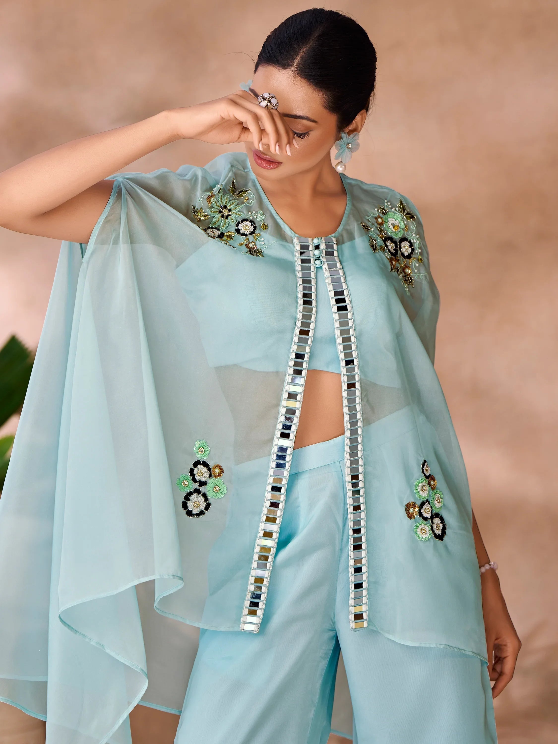 Aqua Blue Hand Work Organza Designer Co-Ord Set