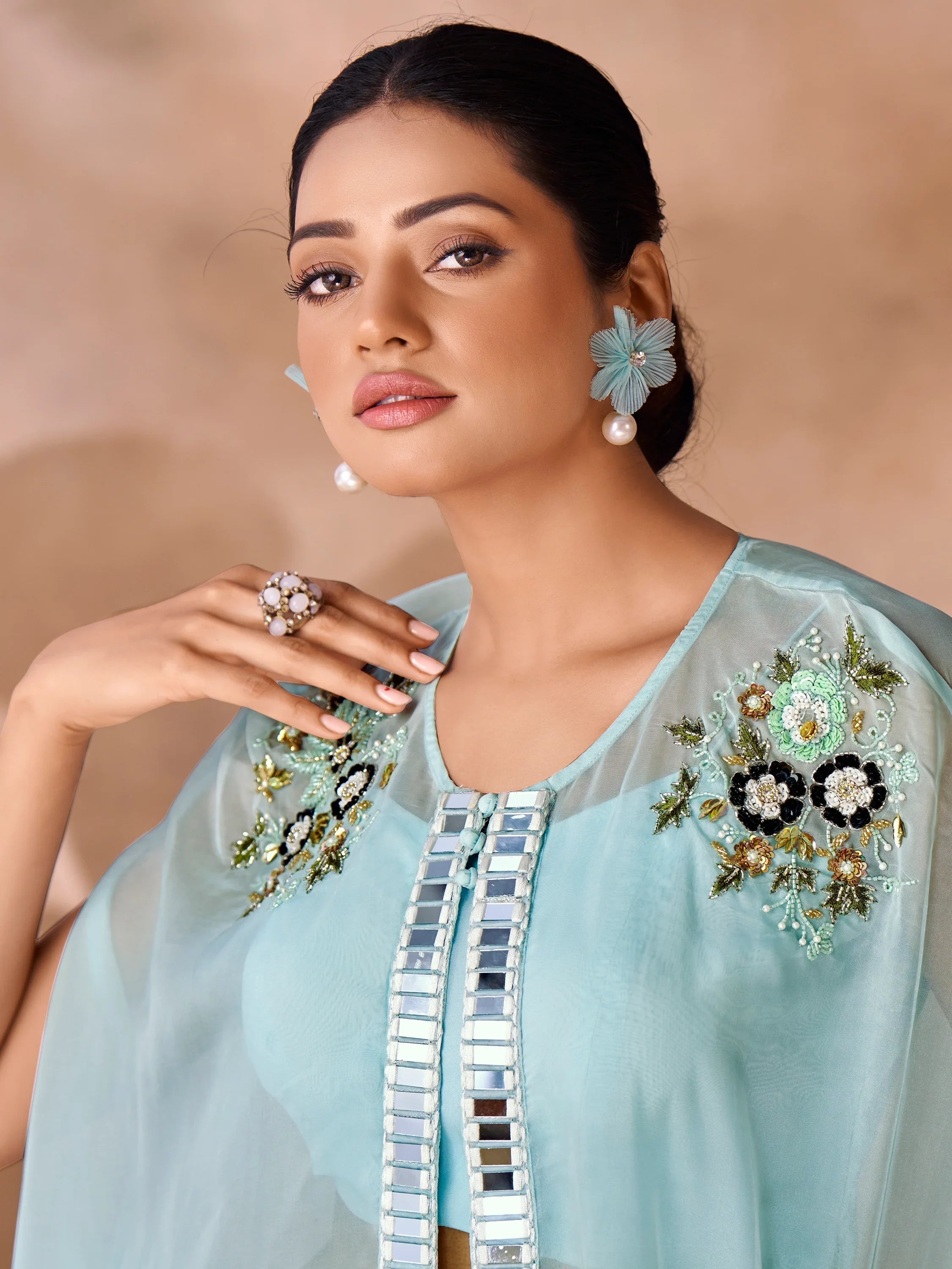 Aqua Blue Hand Work Organza Designer Co-Ord Set