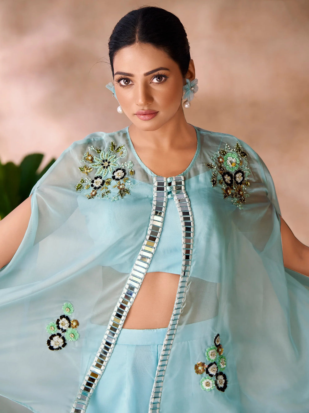 Aqua Blue Hand Work Organza Designer Co-Ord Set