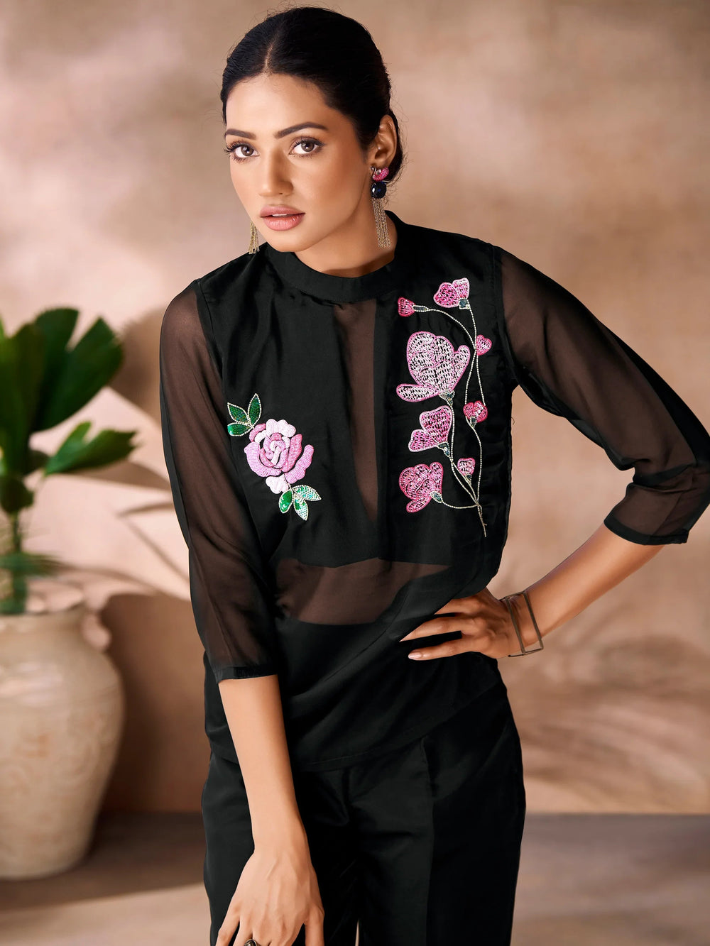 Black Hand Work Organza Western Wear Co-Ord Set