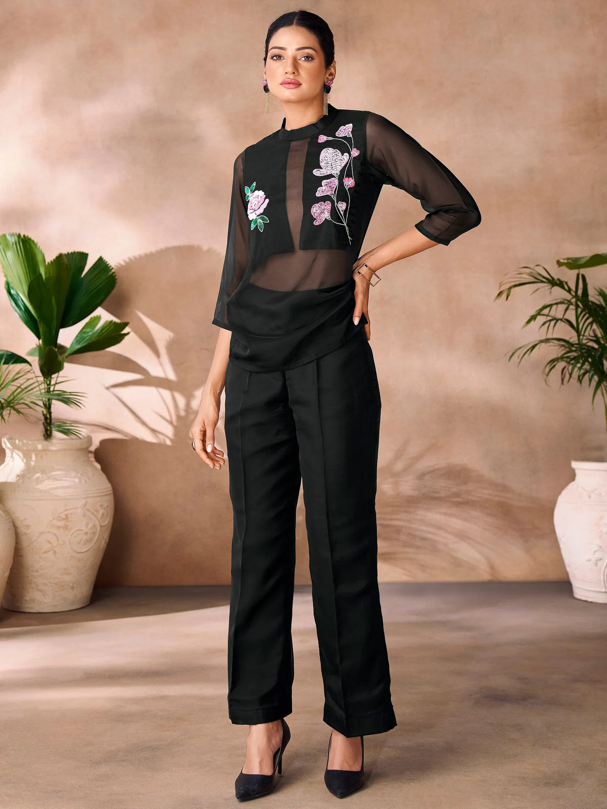 Black Hand Work Organza Western Wear Co-Ord Set