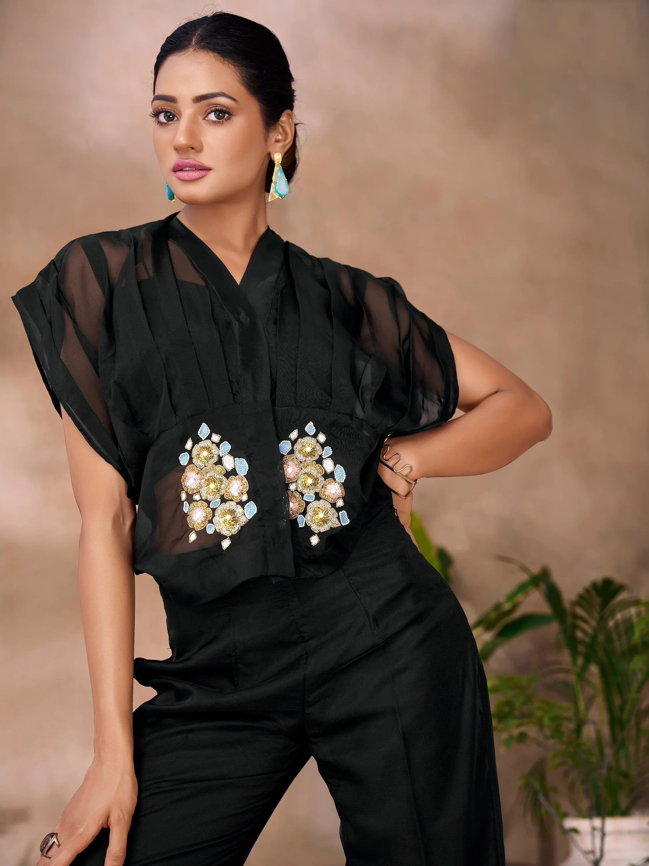 Black Hand Work Organza Party Wear Co-Ord Set