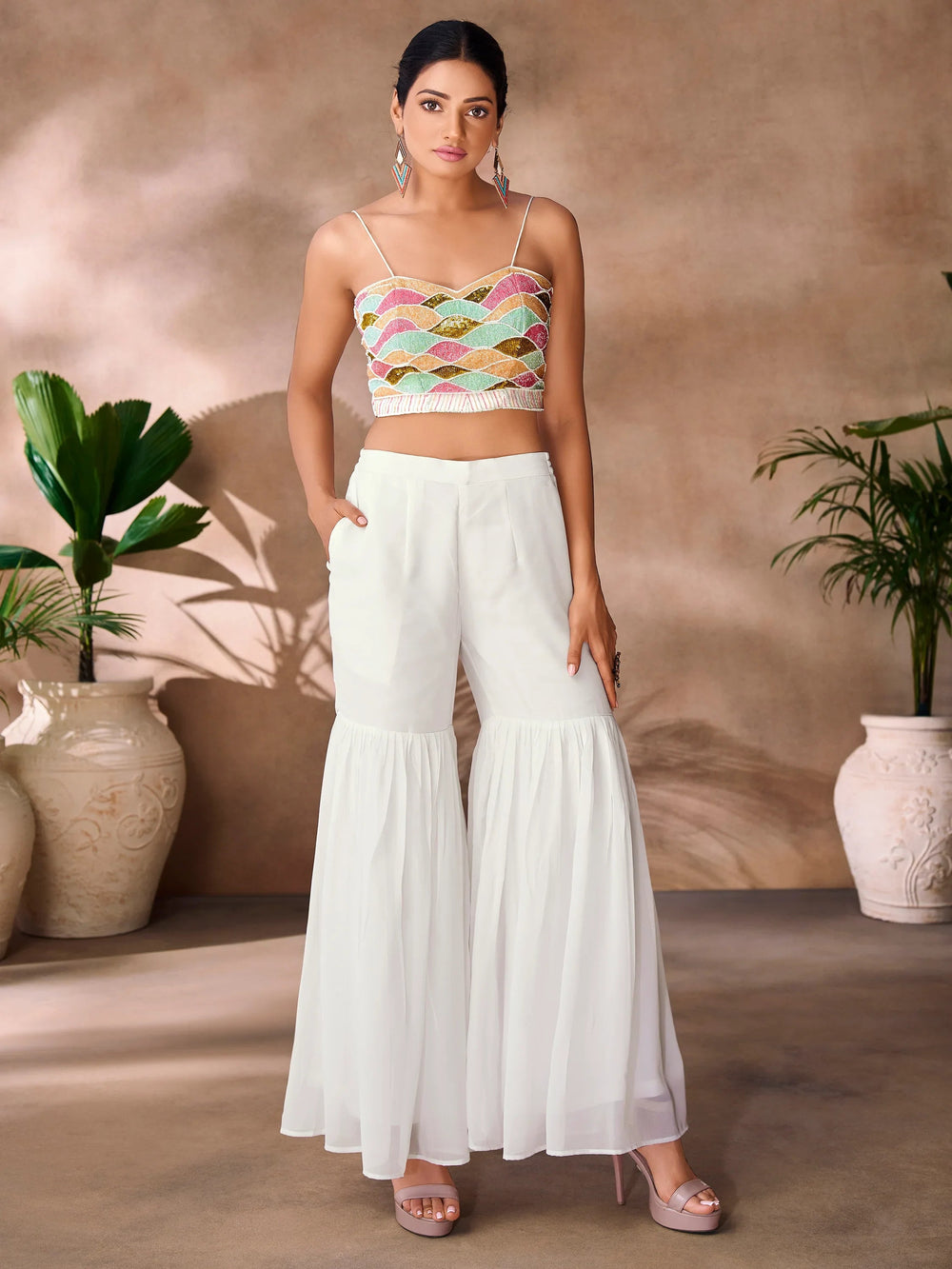 White Hand Work Organza Party Wear Co-Ord Set