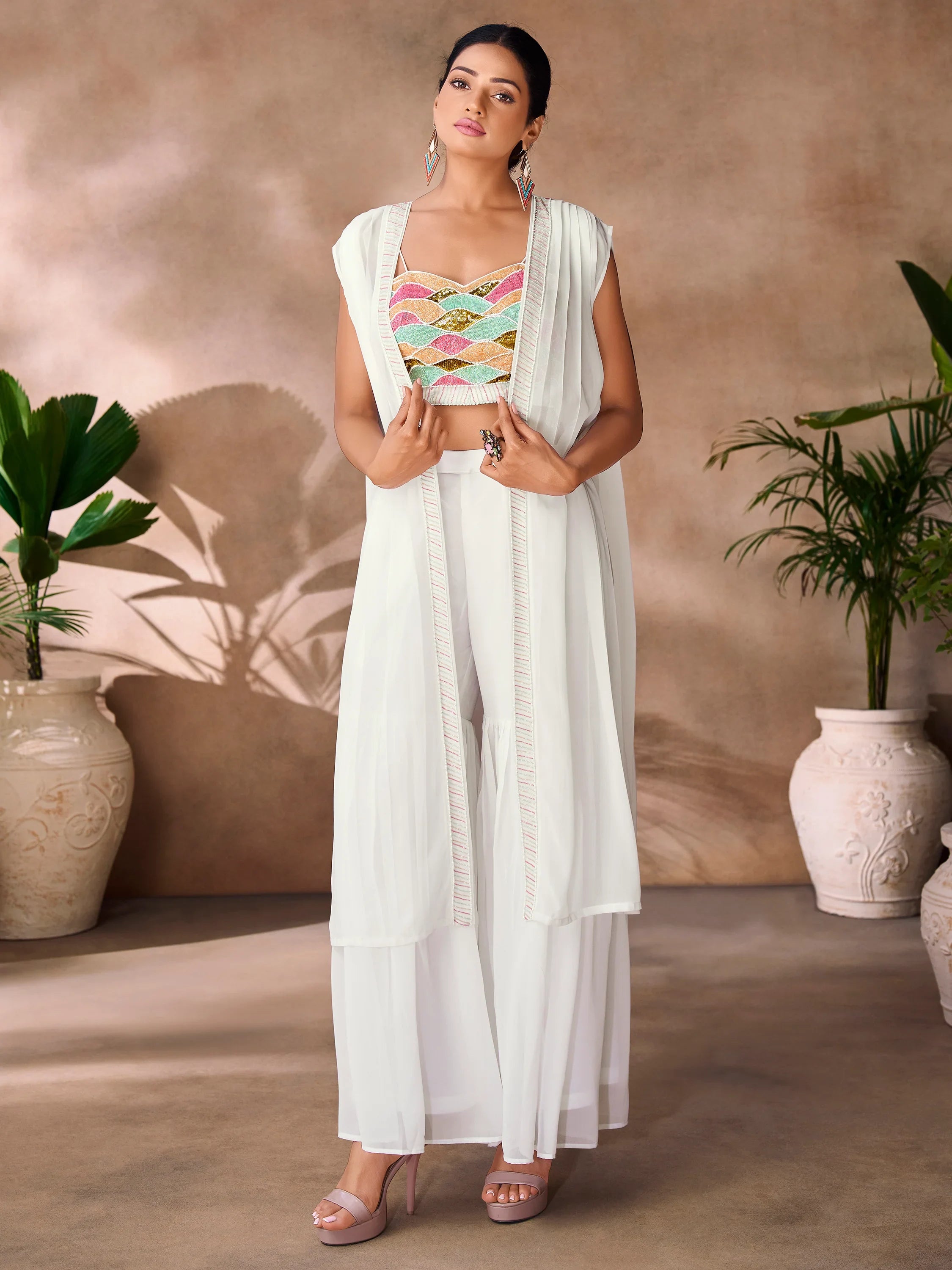White Hand Work Organza Party Wear Co-Ord Set