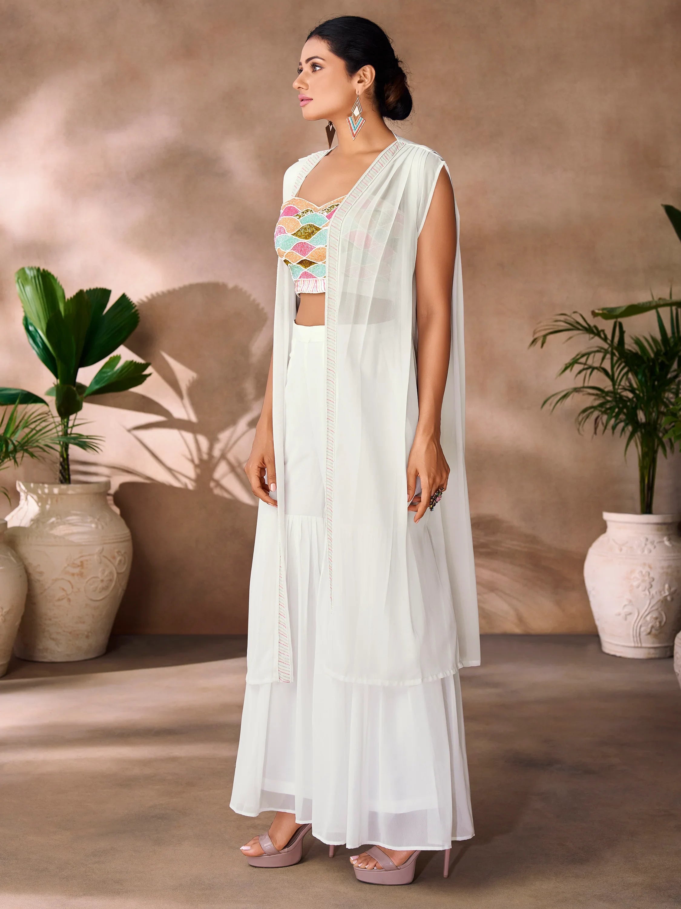 White Hand Work Organza Party Wear Co-Ord Set
