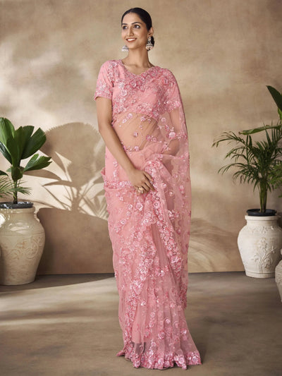 Peach Sequins Net Reception Wear Saree With Blouse