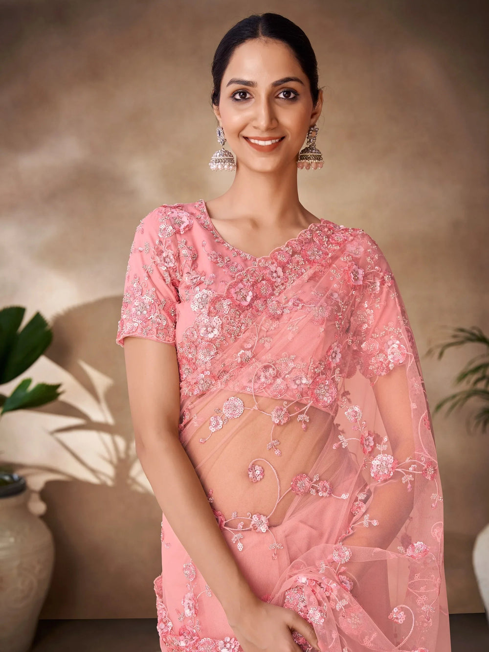 Peach Sequins Net Reception Wear Saree With Blouse