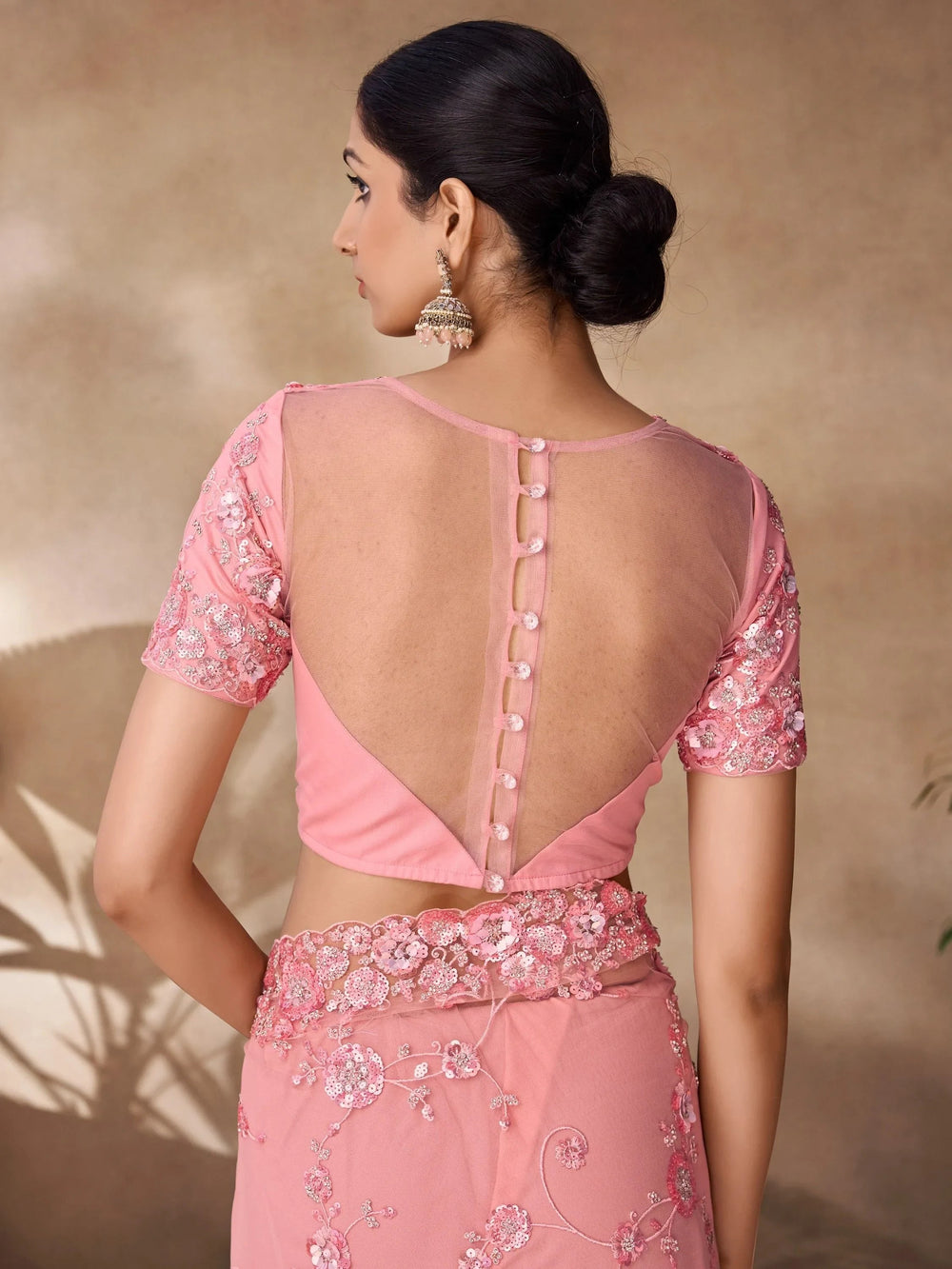 Peach Sequins Net Reception Wear Saree With Blouse