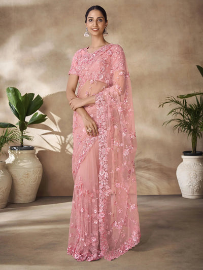 Peach Sequins Net Reception Wear Saree With Blouse