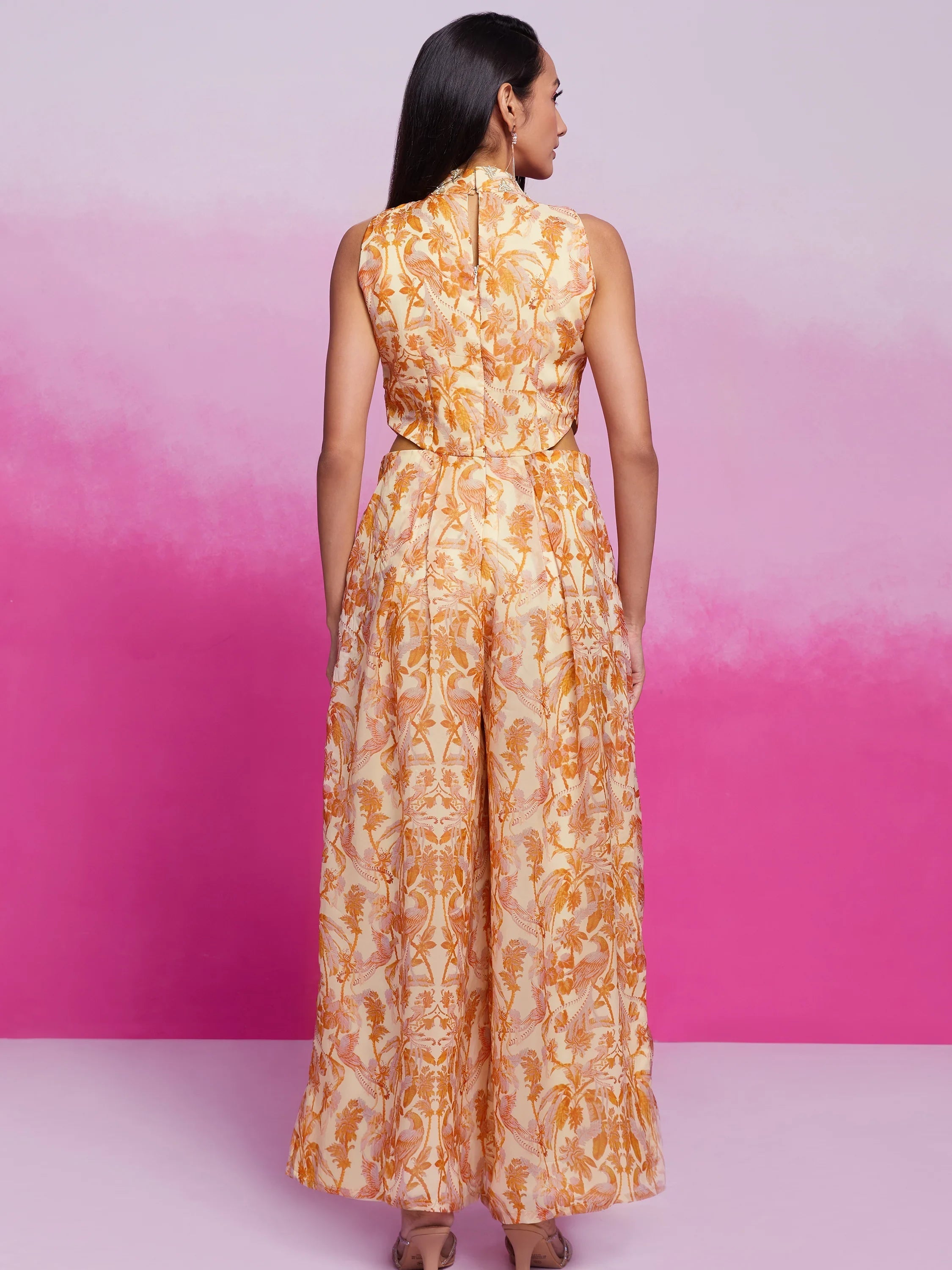 Cream Digital Printed Organza Party Wear Crop Top Palazzo