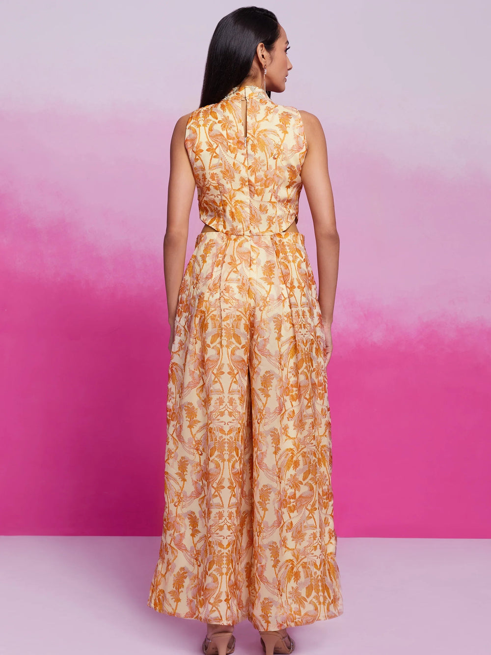 Cream Digital Printed Organza Party Wear Crop Top Palazzo