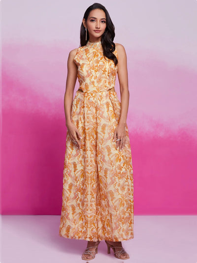 Cream Digital Printed Organza Party Wear Crop Top Palazzo