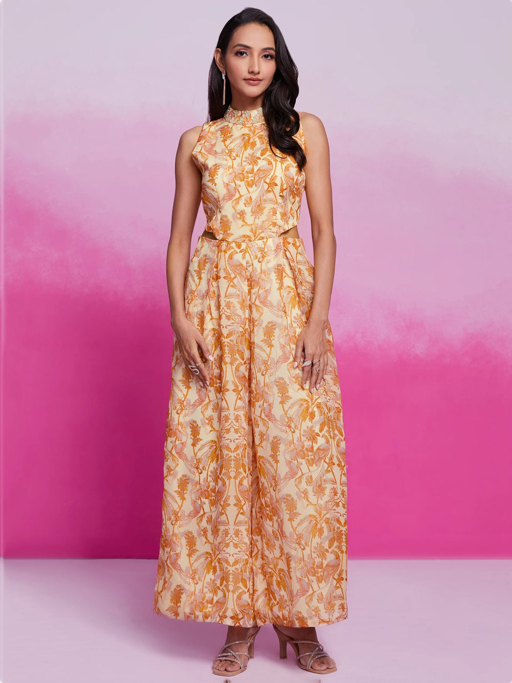 Cream Digital Printed Organza Party Wear Crop Top Palazzo