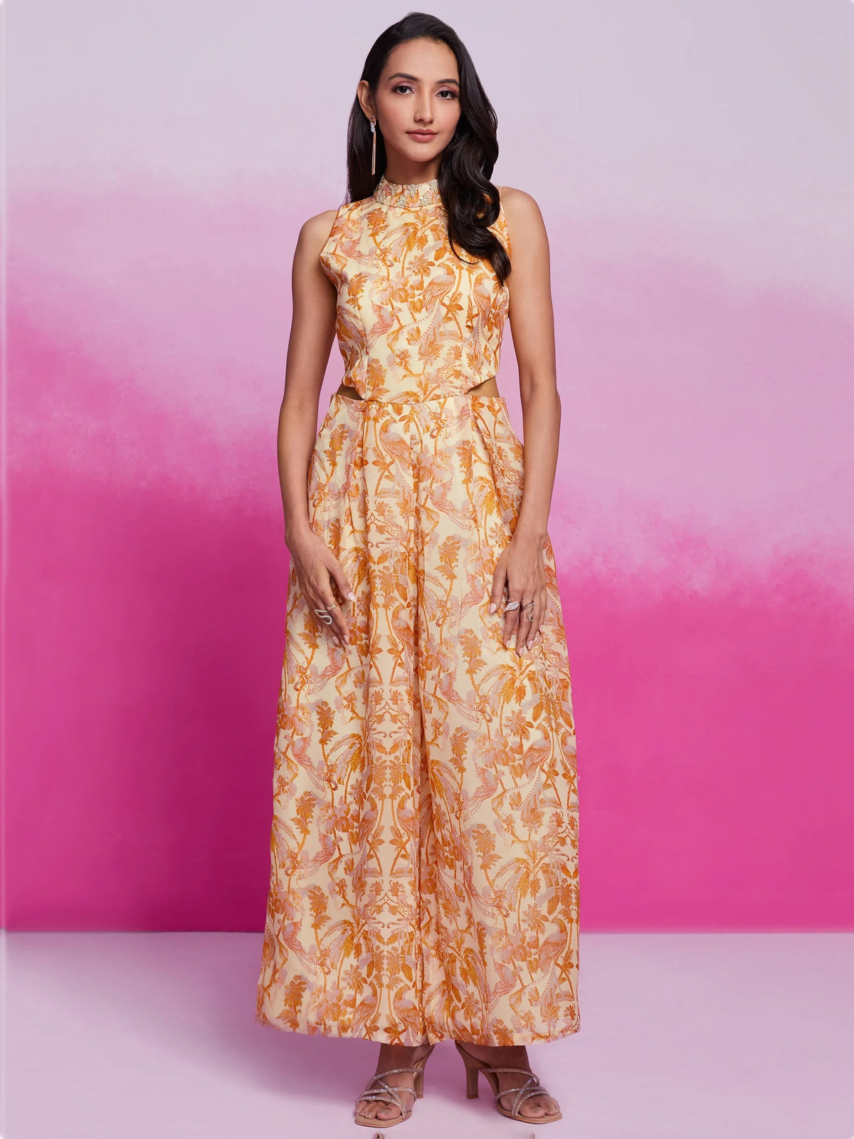 Cream Digital Printed Organza Party Wear Crop Top Palazzo