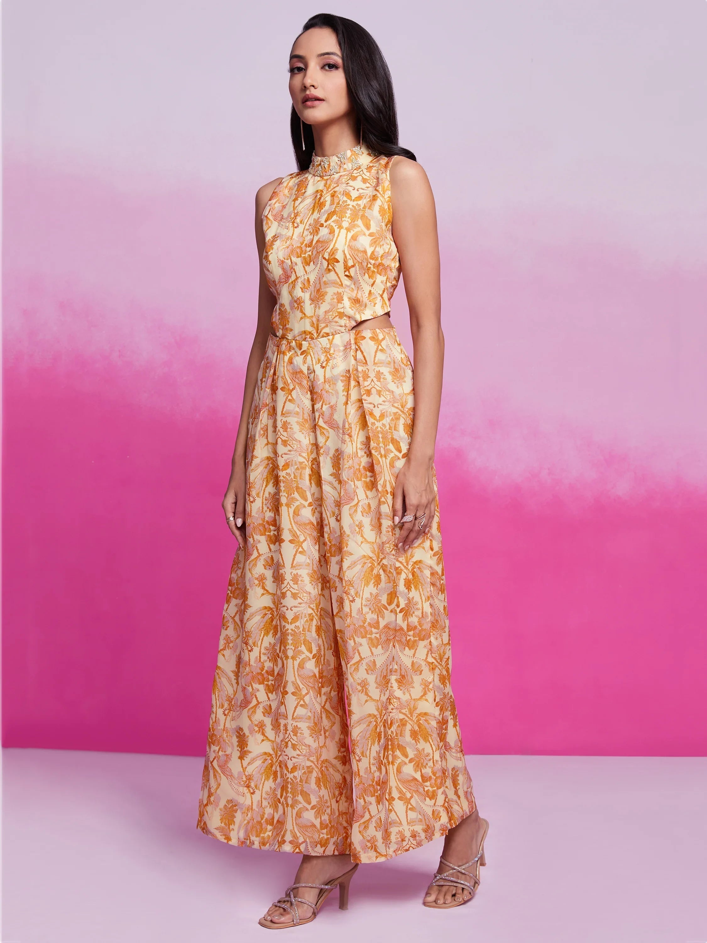 Cream Digital Printed Organza Party Wear Crop Top Palazzo