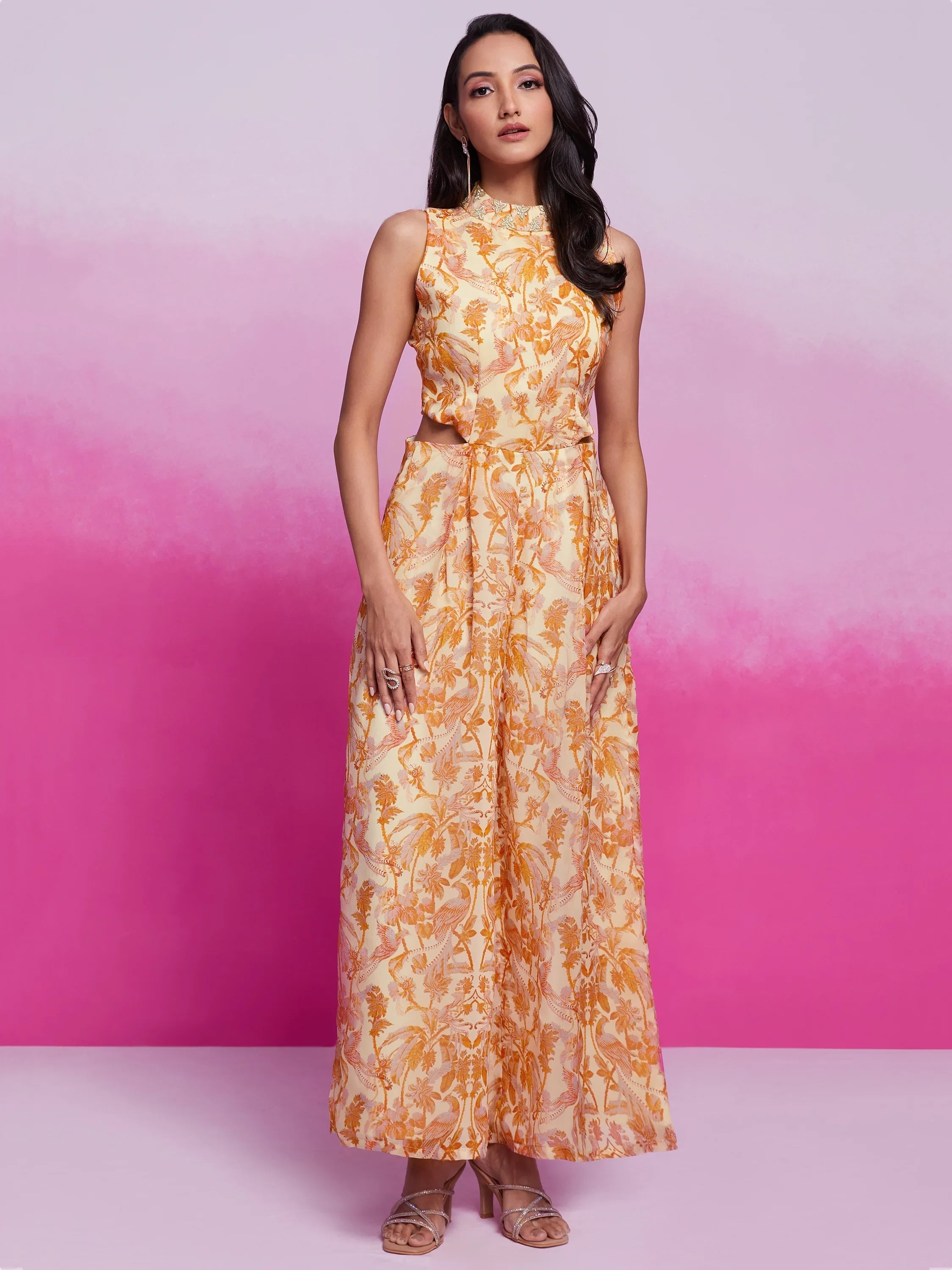 Cream Digital Printed Organza Party Wear Crop Top Palazzo