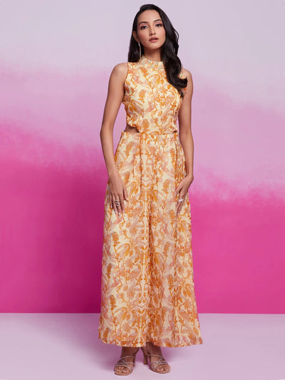 Cream Digital Printed Organza Party Wear Crop Top Palazzo