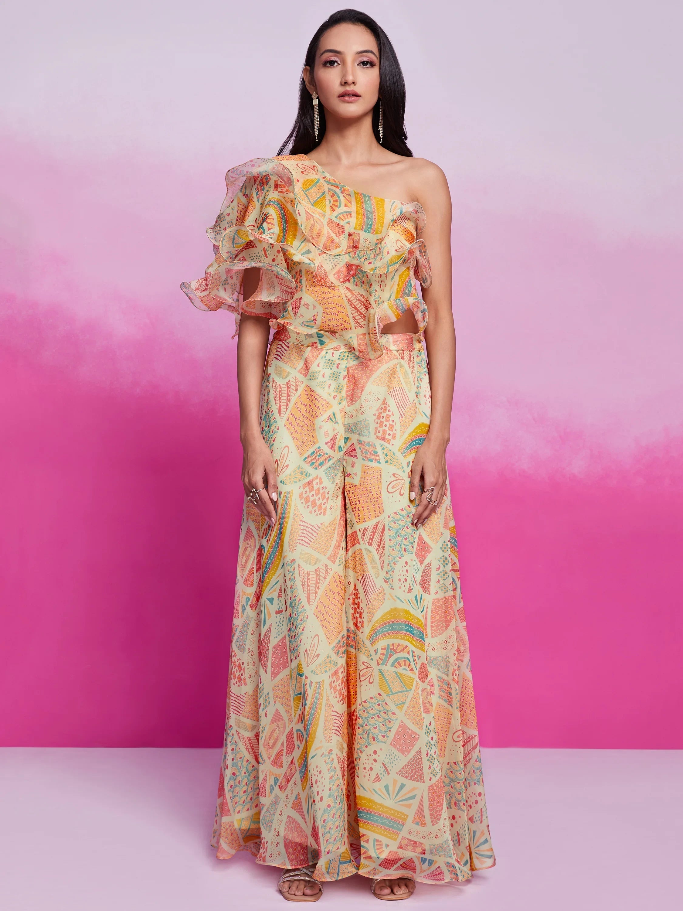 Cream Digital Printed Organza Party Wear Crop Top Palazzo