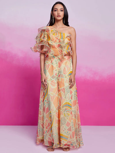Cream Digital Printed Organza Party Wear Crop Top Palazzo
