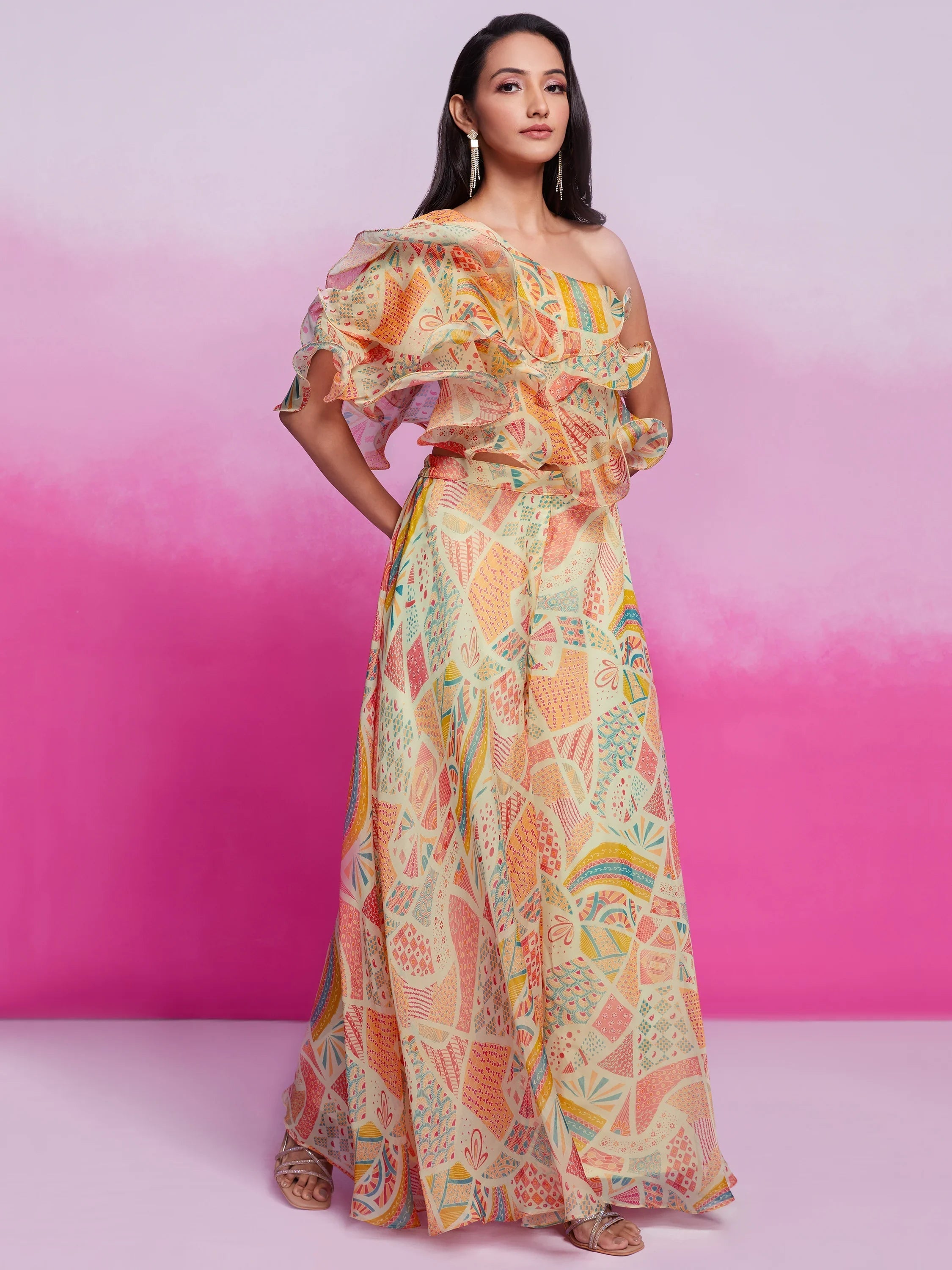 Cream Digital Printed Organza Party Wear Crop Top Palazzo