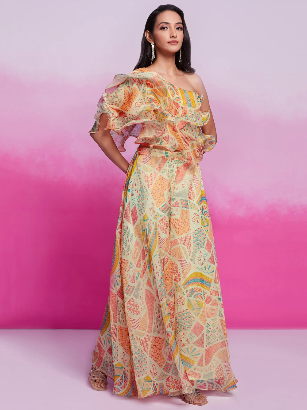 Cream Digital Printed Organza Party Wear Crop Top Palazzo
