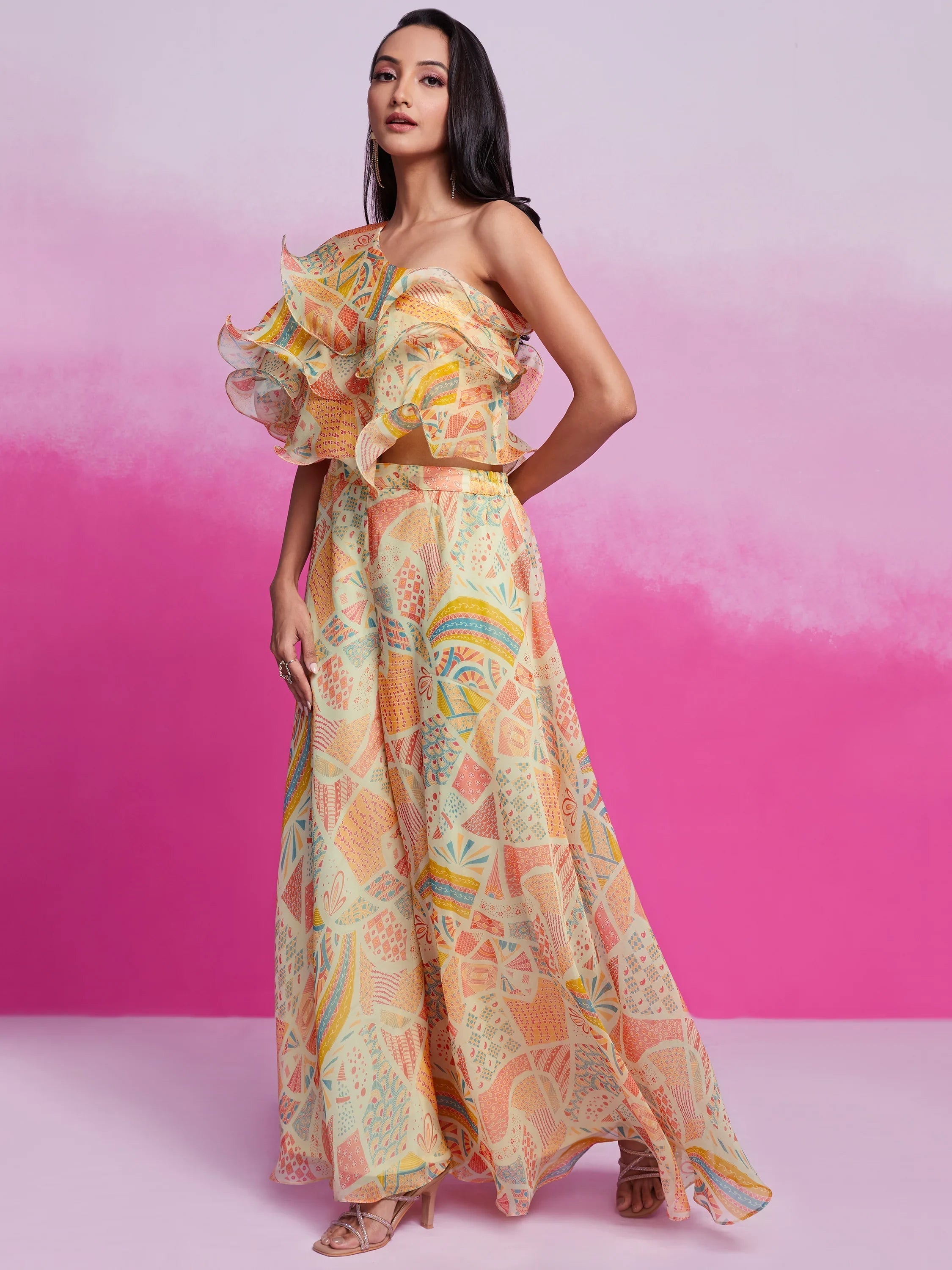 Cream Digital Printed Organza Party Wear Crop Top Palazzo