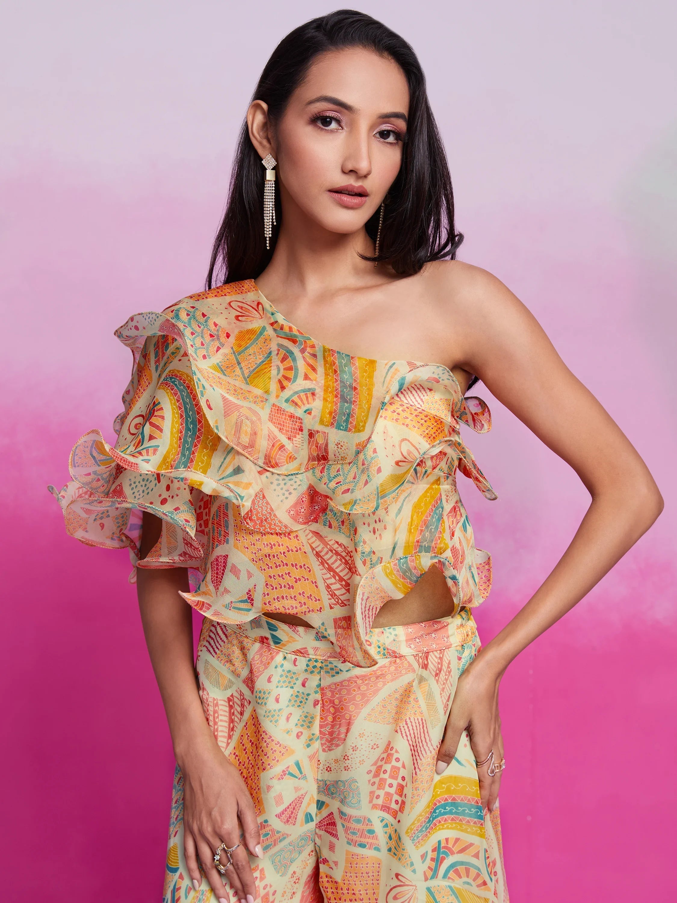 Cream Digital Printed Organza Party Wear Crop Top Palazzo