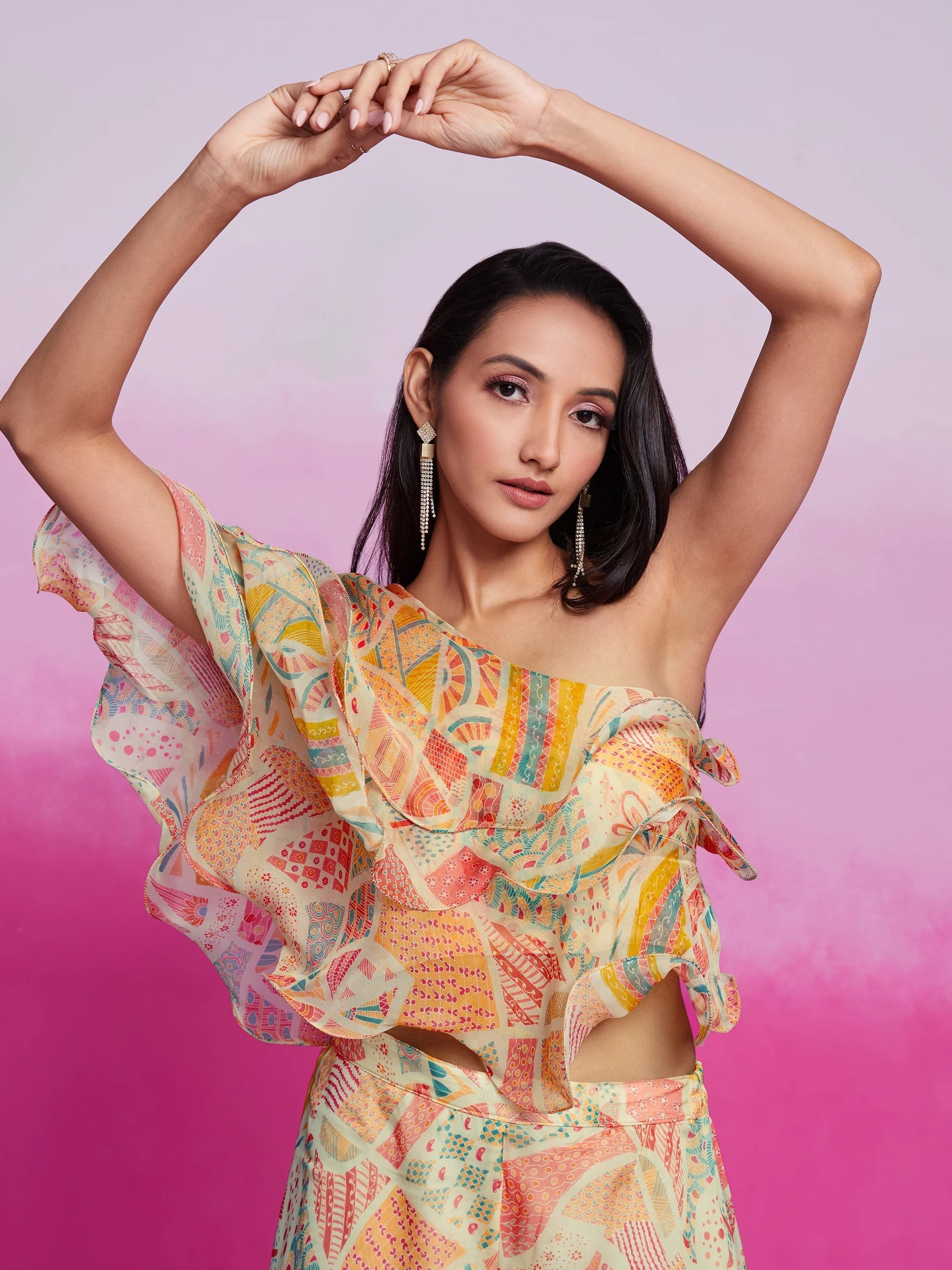 Cream Digital Printed Organza Party Wear Crop Top Palazzo