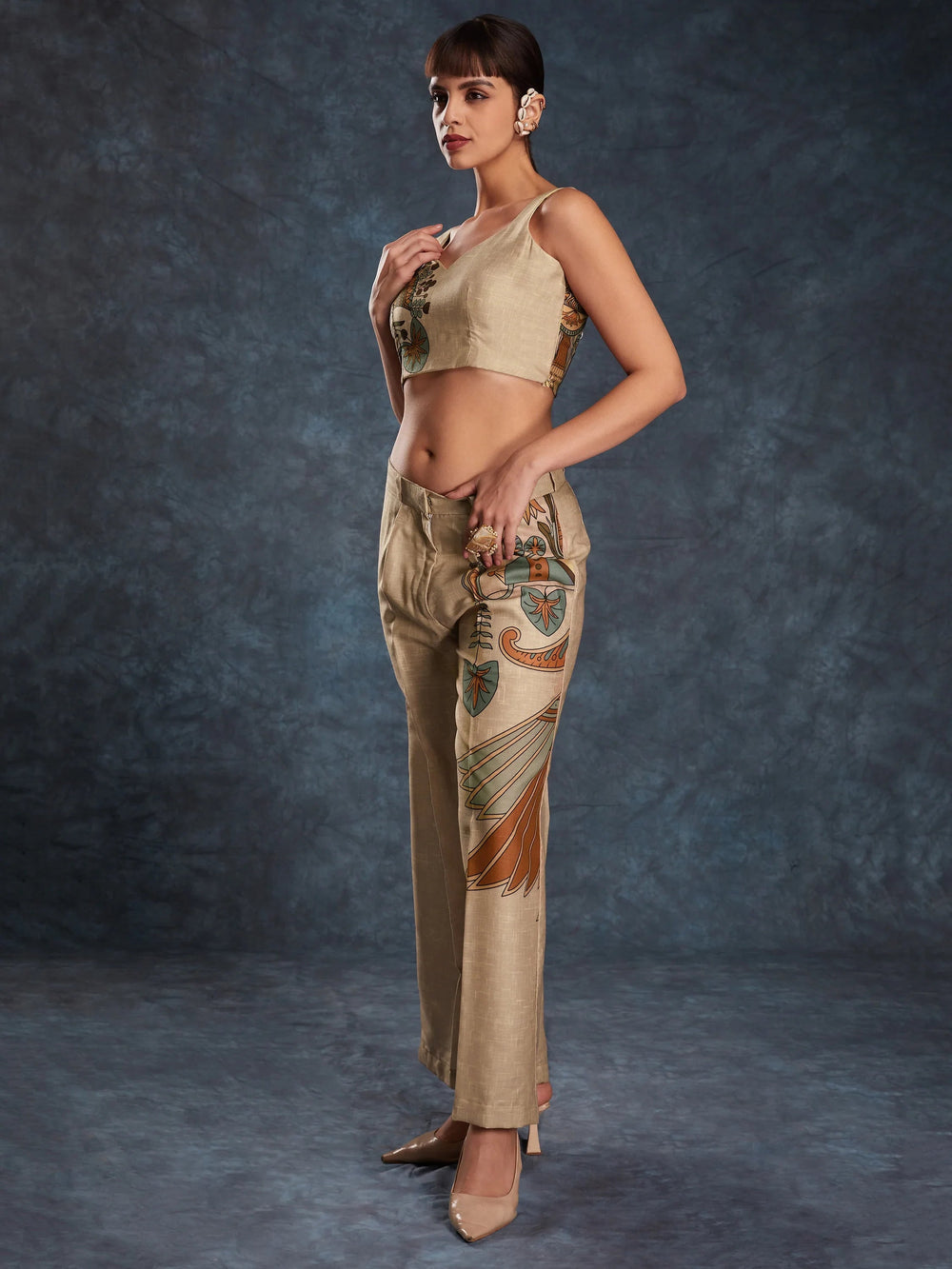 Brown Floral Printed Linen Casual Wear Co-Ord Set