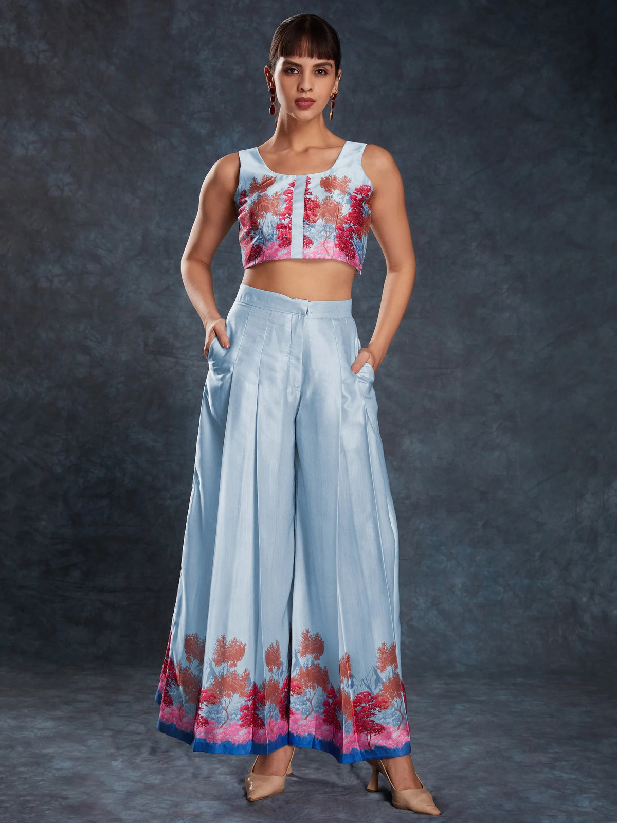 Sky Blue Floral Printed Linen Casual Wear Co-Ord Set