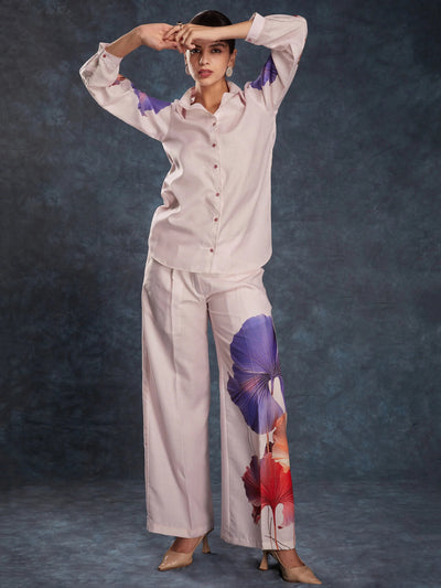 Light Pink Floral Printed Linen Casual Wear Co-Ord Set