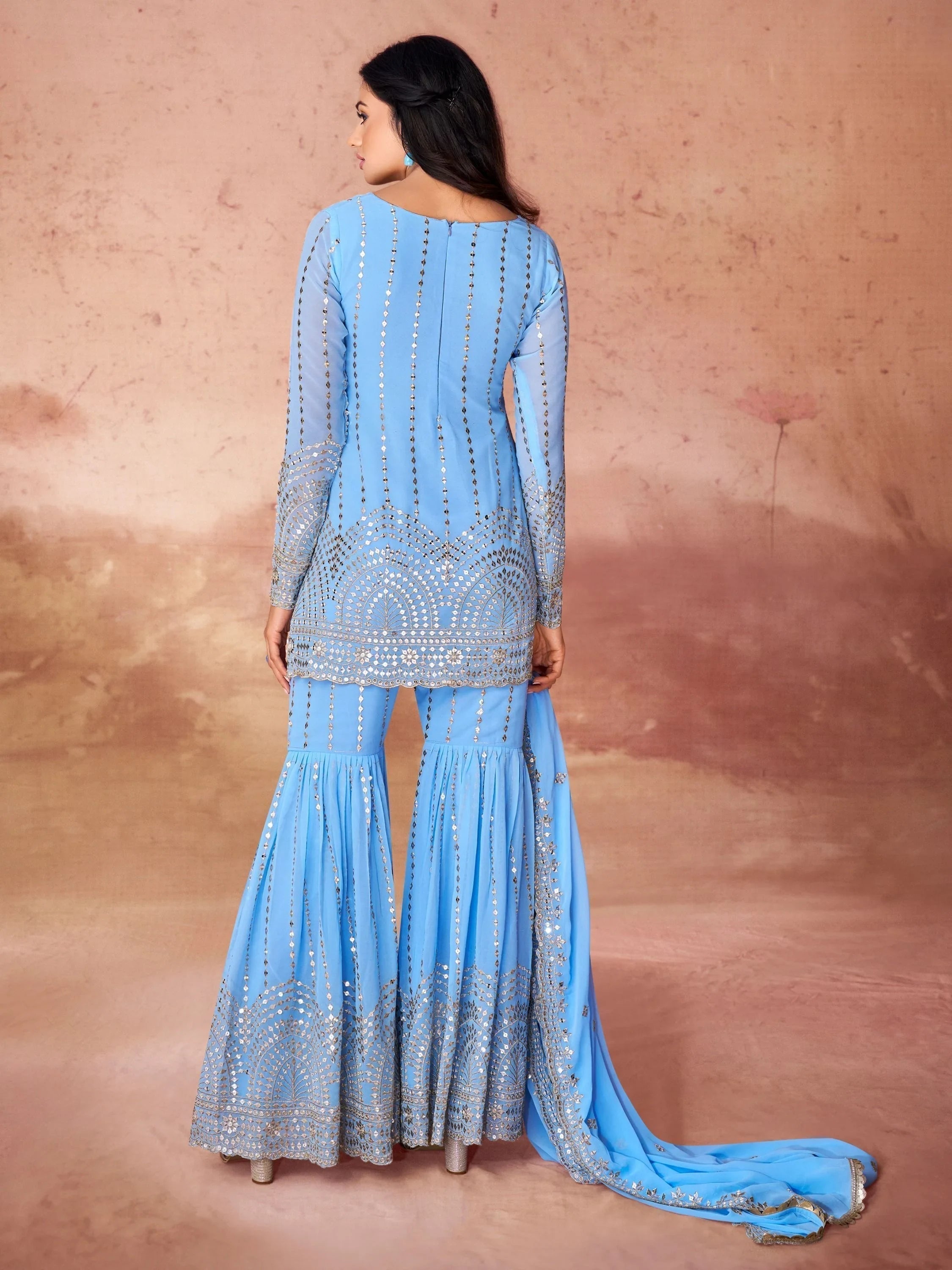 Sky-Blue Sequins Georgette Sharara Suit With Dupatta for Women