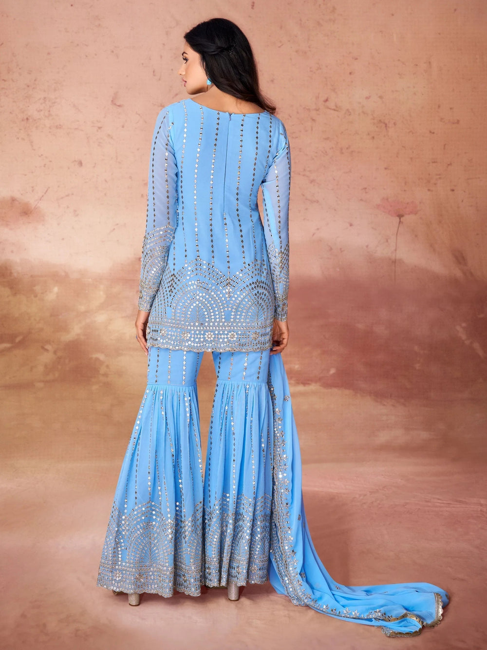 Sky-Blue Sequins Georgette Sharara Suit With Dupatta for Women