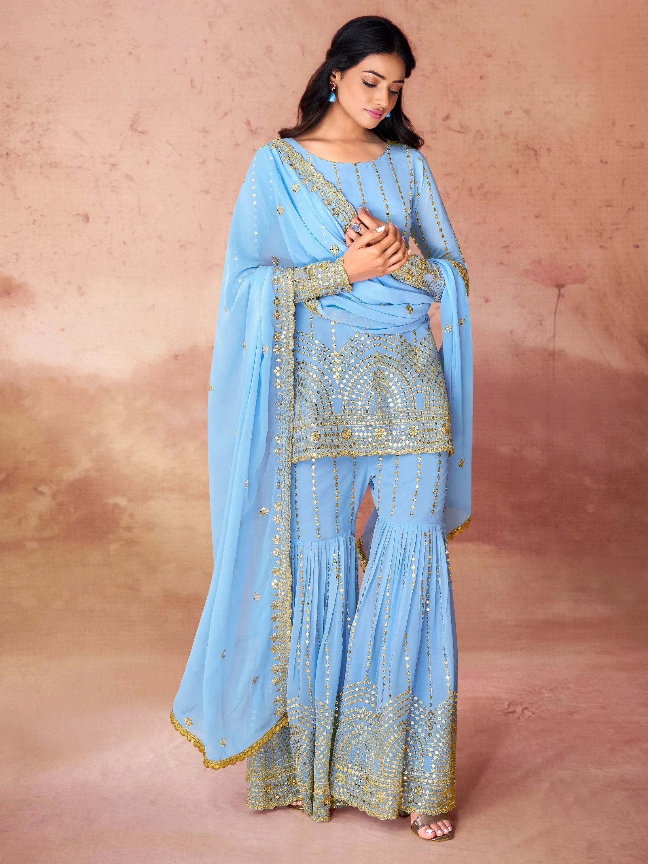 Sky-Blue Sequins Georgette Sharara Suit With Dupatta for Women