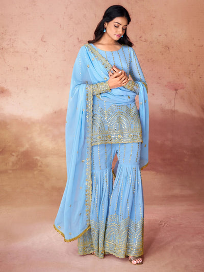 Sky-Blue Sequins Georgette Sharara Suit With Dupatta for Women