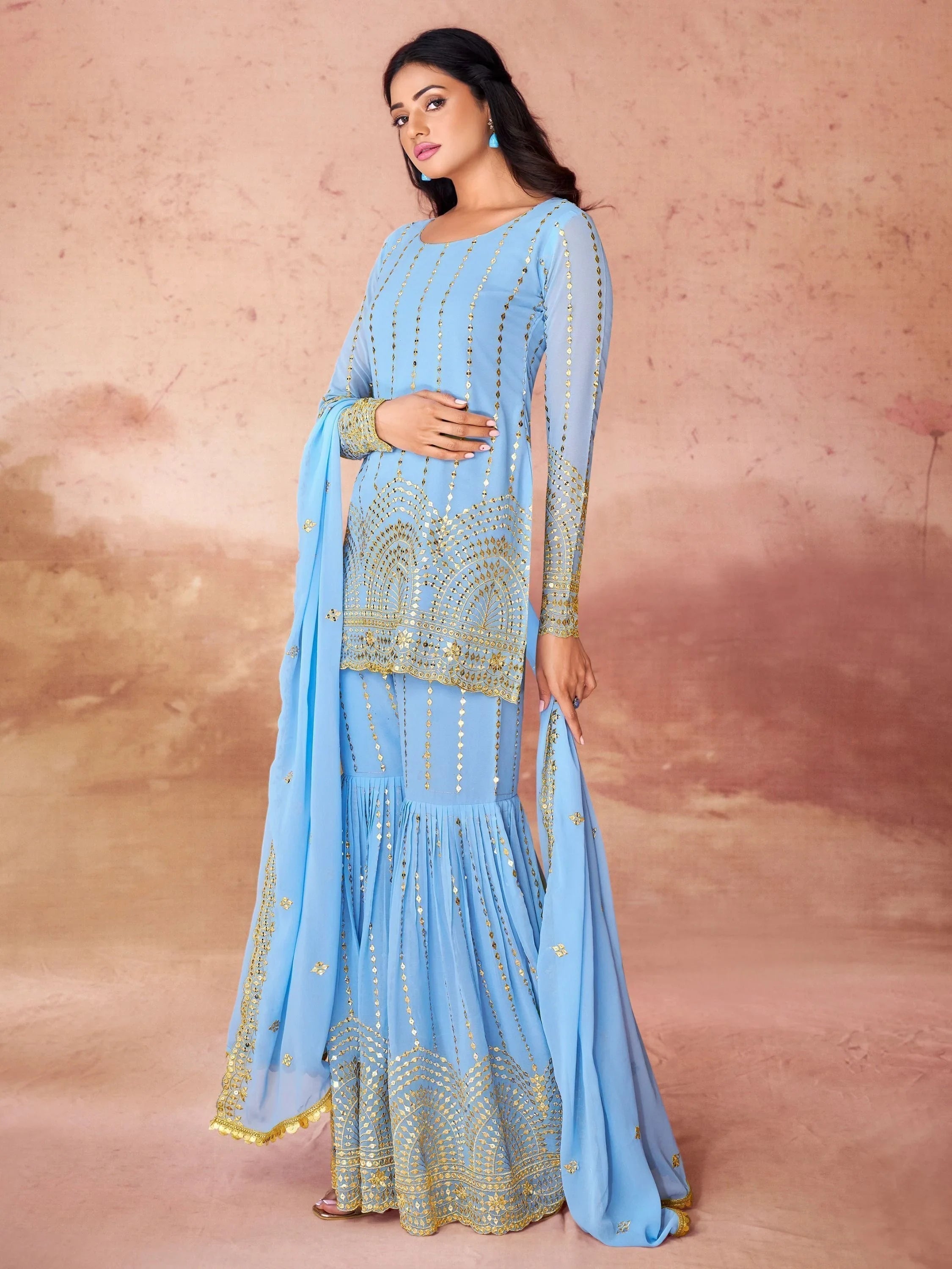 Sky-Blue Sequins Georgette Sharara Suit With Dupatta for Women