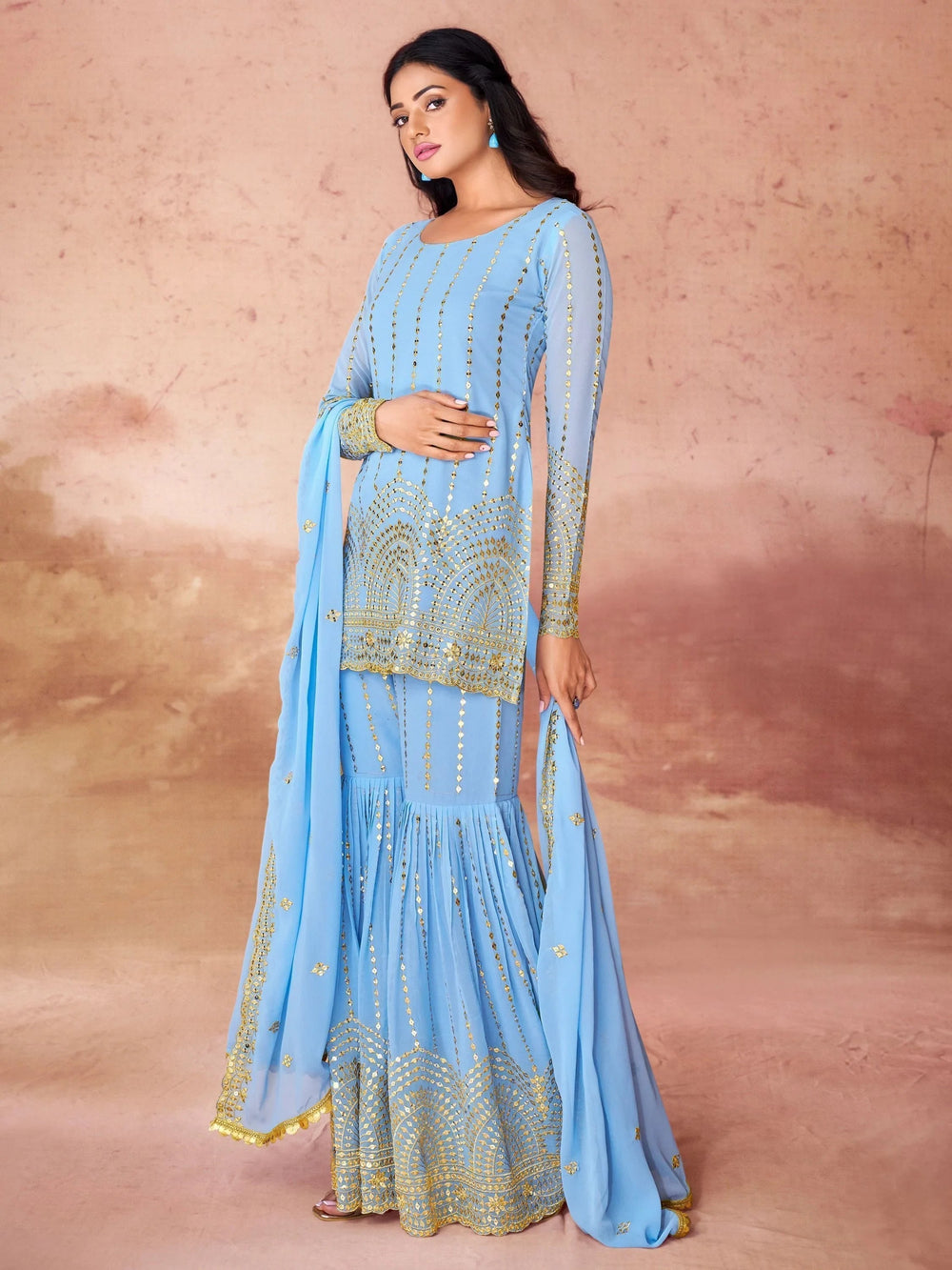 Sky-Blue Sequins Georgette Sharara Suit With Dupatta for Women