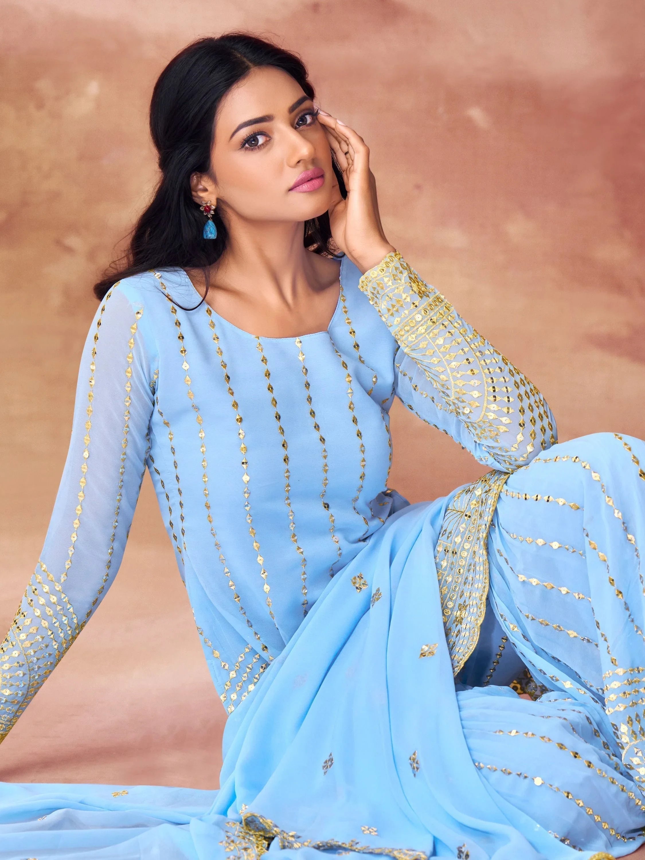 Sky-Blue Sequins Georgette Sharara Suit With Dupatta for Women