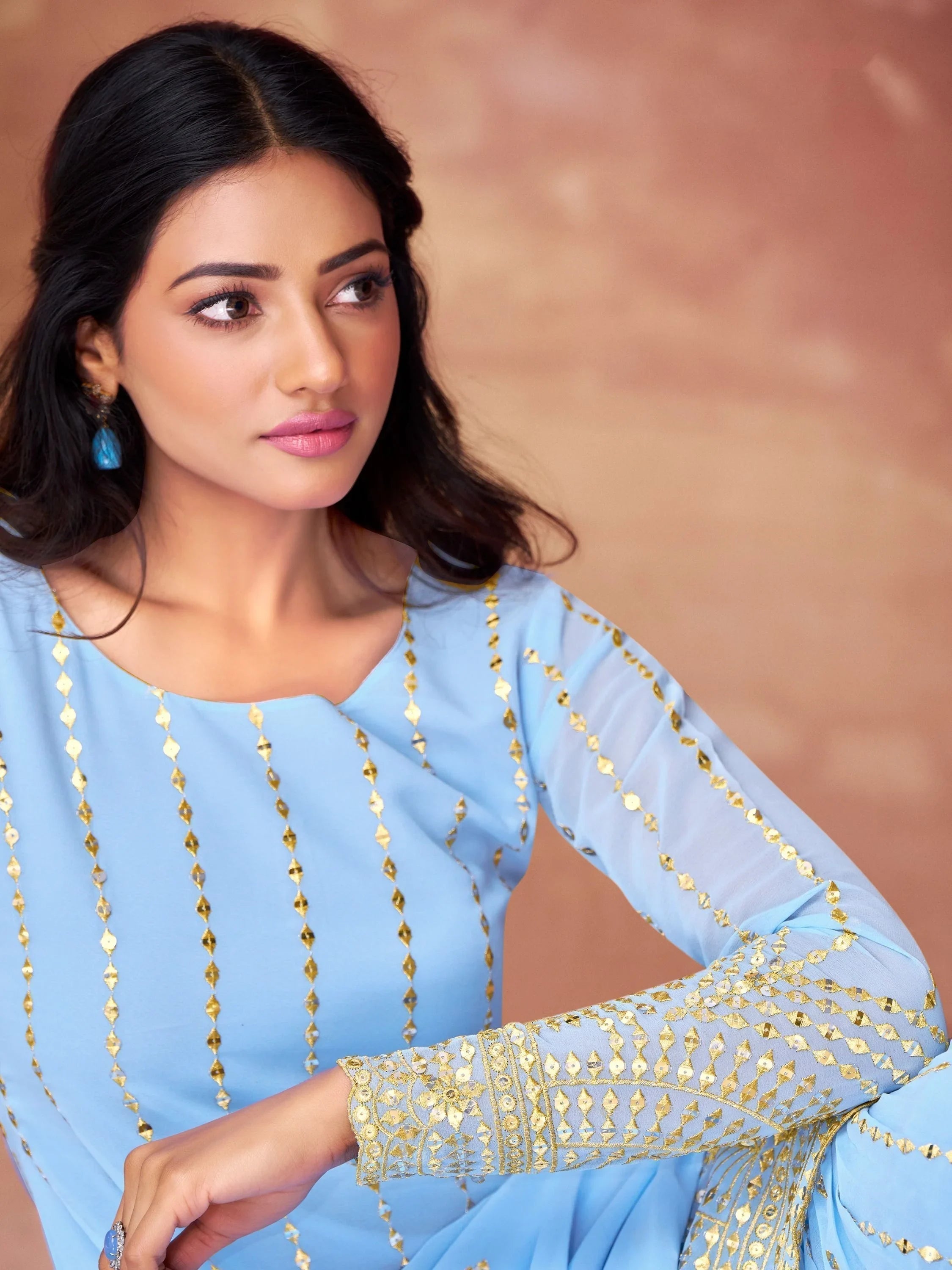 Sky-Blue Sequins Georgette Sharara Suit With Dupatta for Women