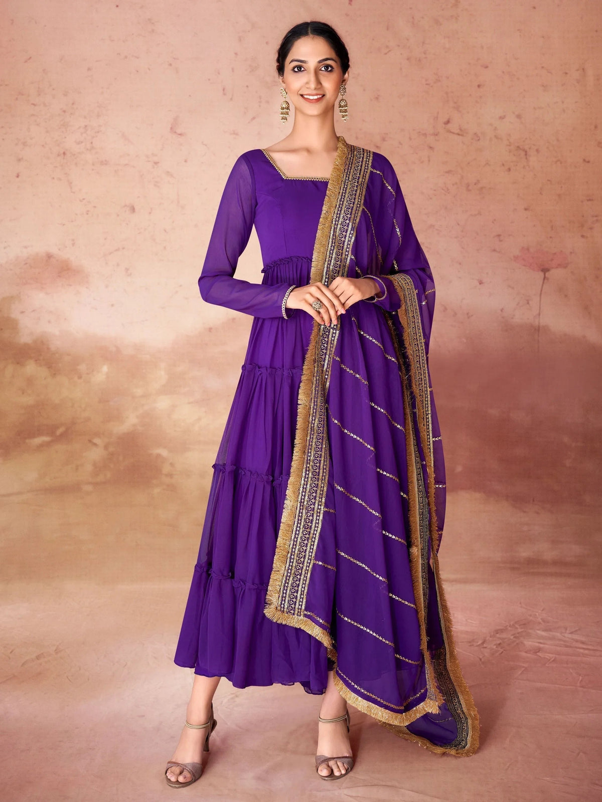 Violet Georgette Festival Wear Gown With Dupatta for Women