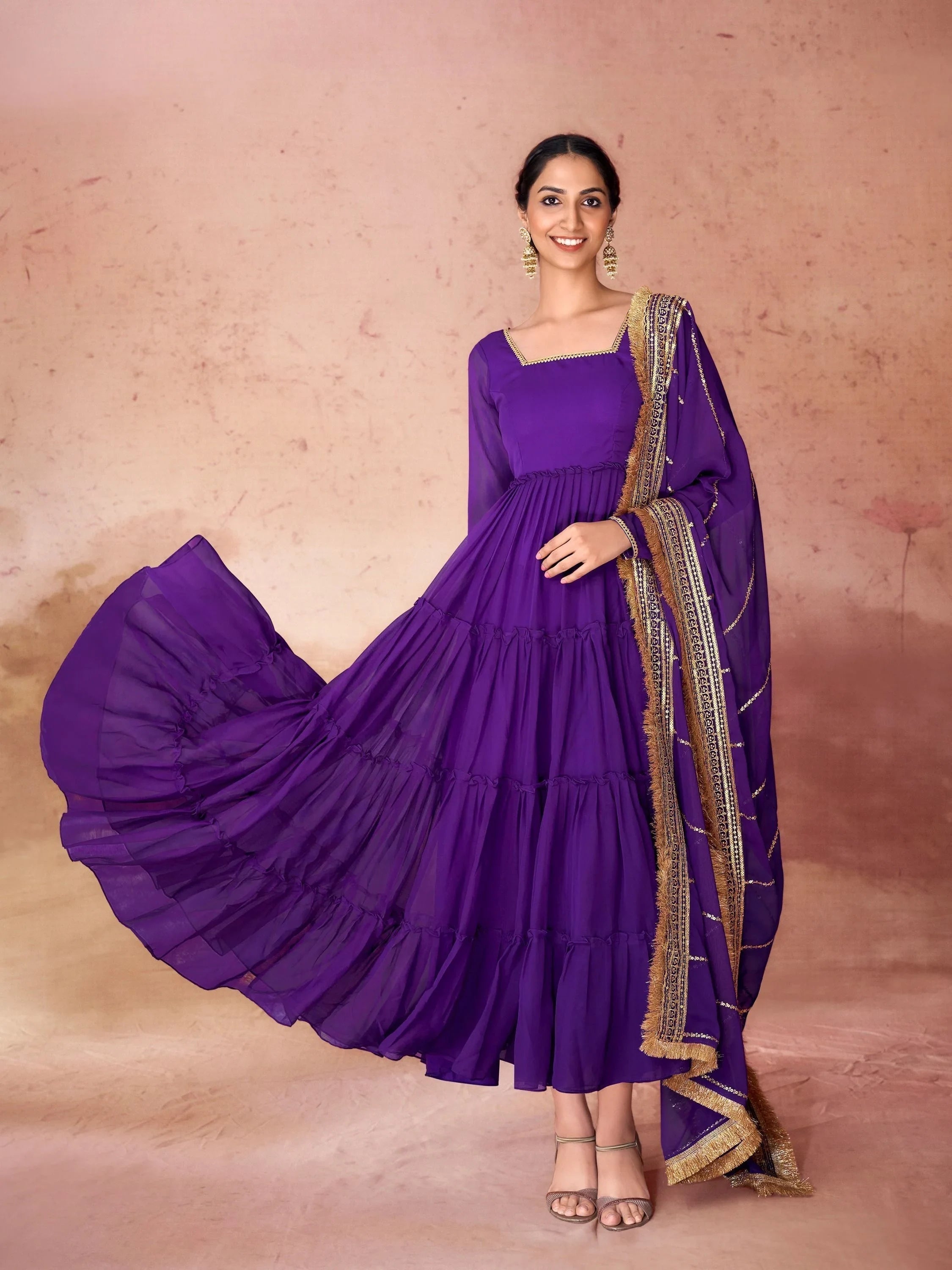 Violet Georgette Festival Wear Gown With Dupatta for Women