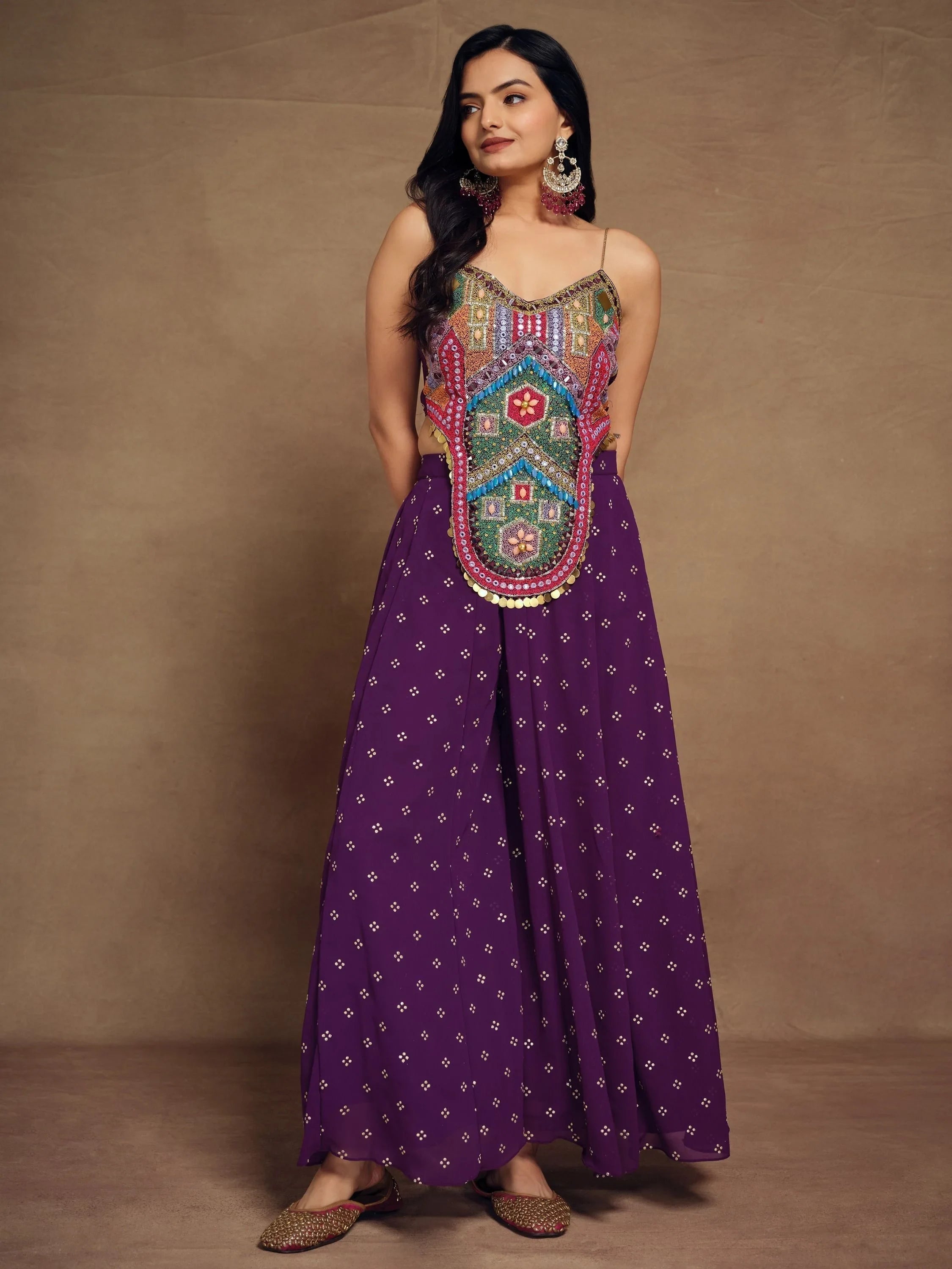 Purple Thread Work Georgette Designer Crop Top Palazzo