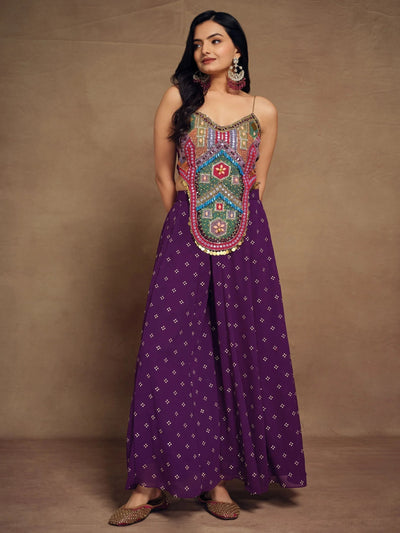 Purple Thread Work Georgette Designer Crop Top Palazzo