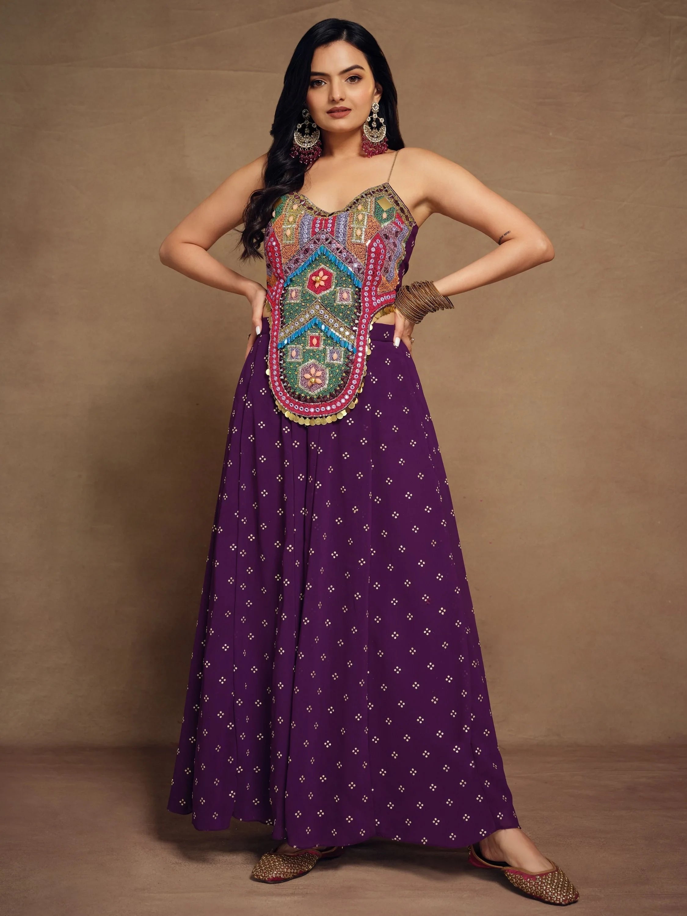 Purple Thread Work Georgette Designer Crop Top Palazzo