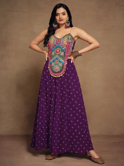 Purple Thread Work Georgette Designer Crop Top Palazzo