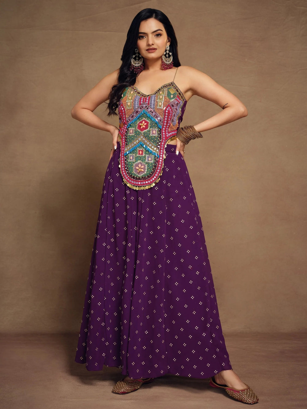Purple Thread Work Georgette Designer Crop Top Palazzo