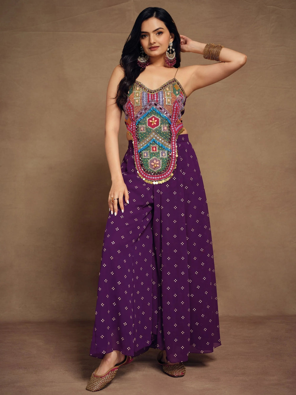 Purple Thread Work Georgette Designer Crop Top Palazzo