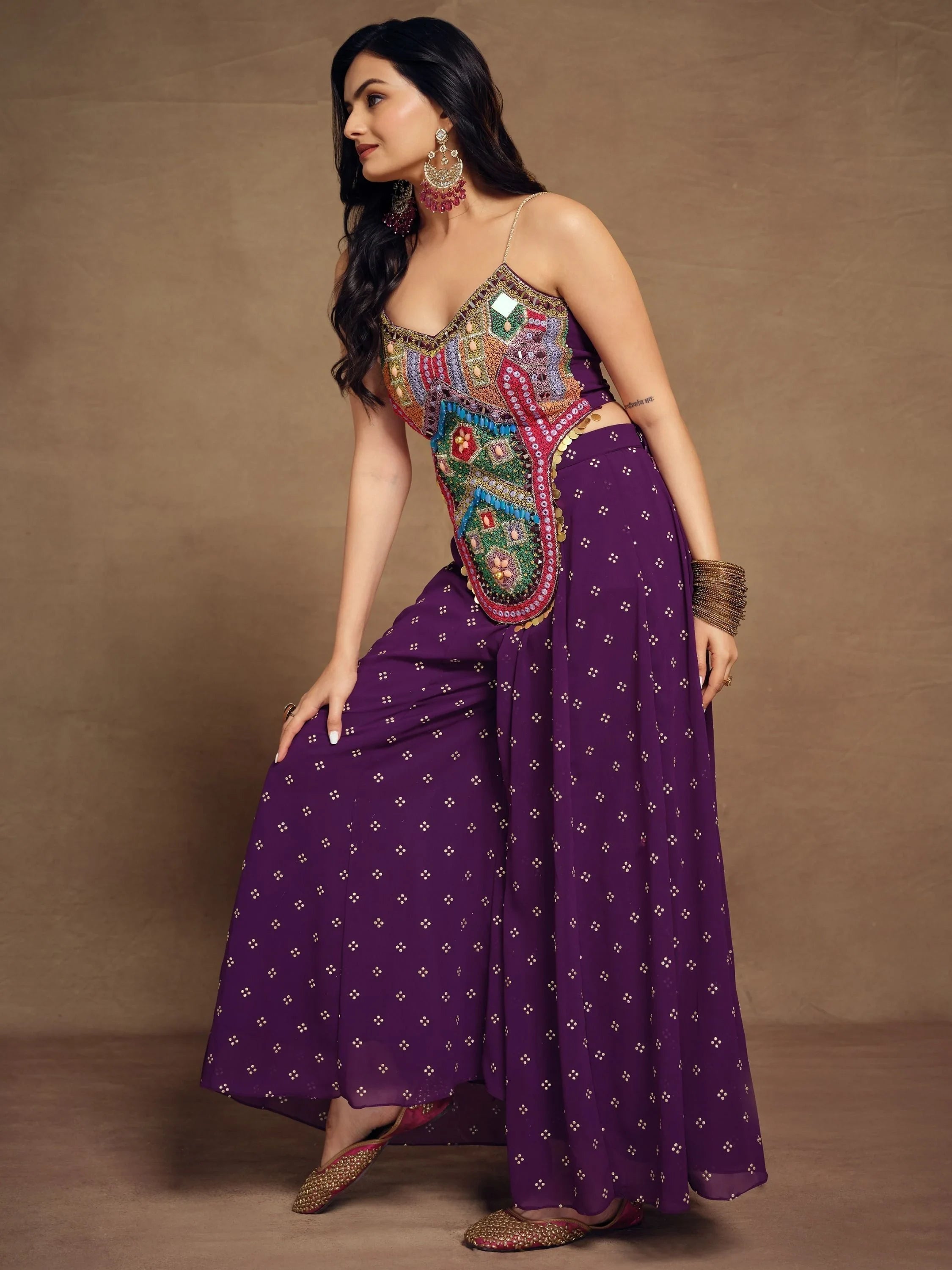 Purple Thread Work Georgette Designer Crop Top Palazzo