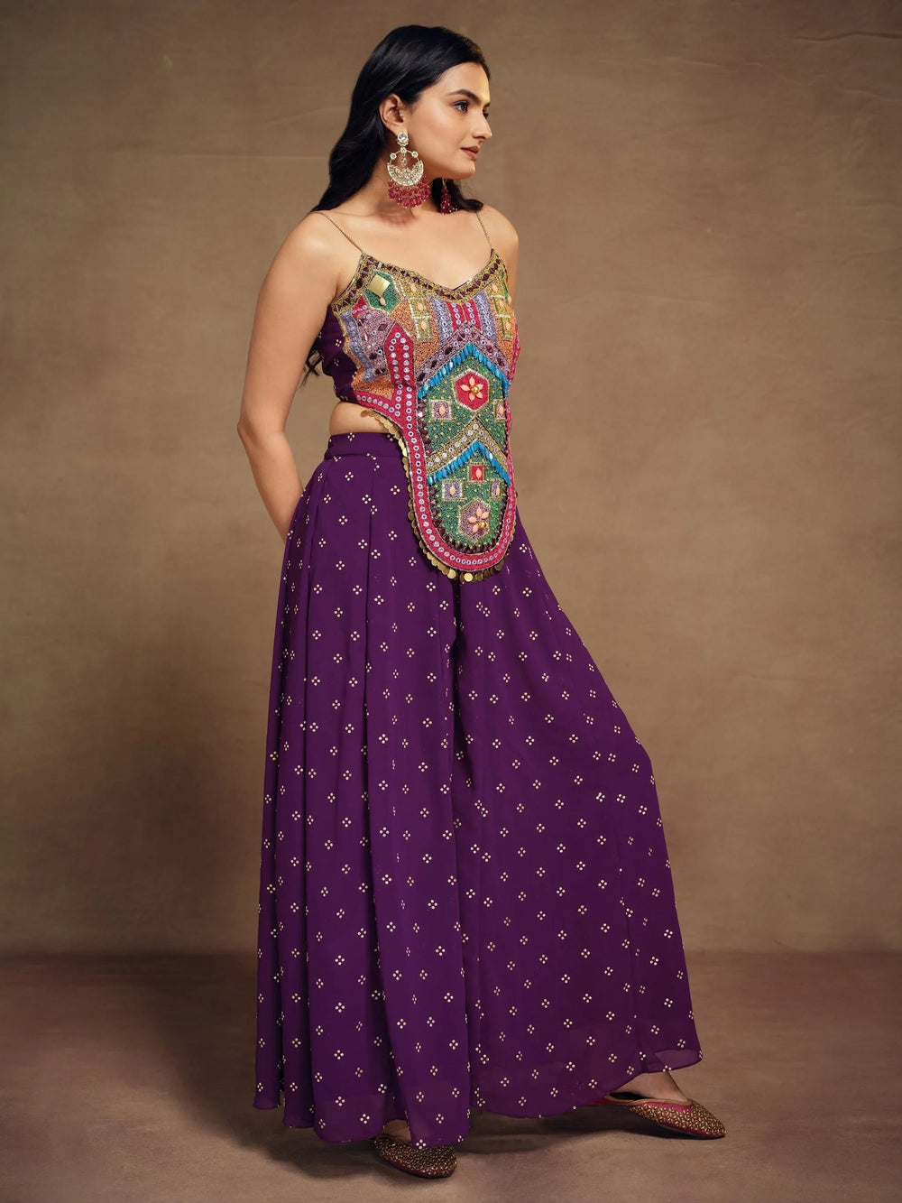Purple Thread Work Georgette Designer Crop Top Palazzo