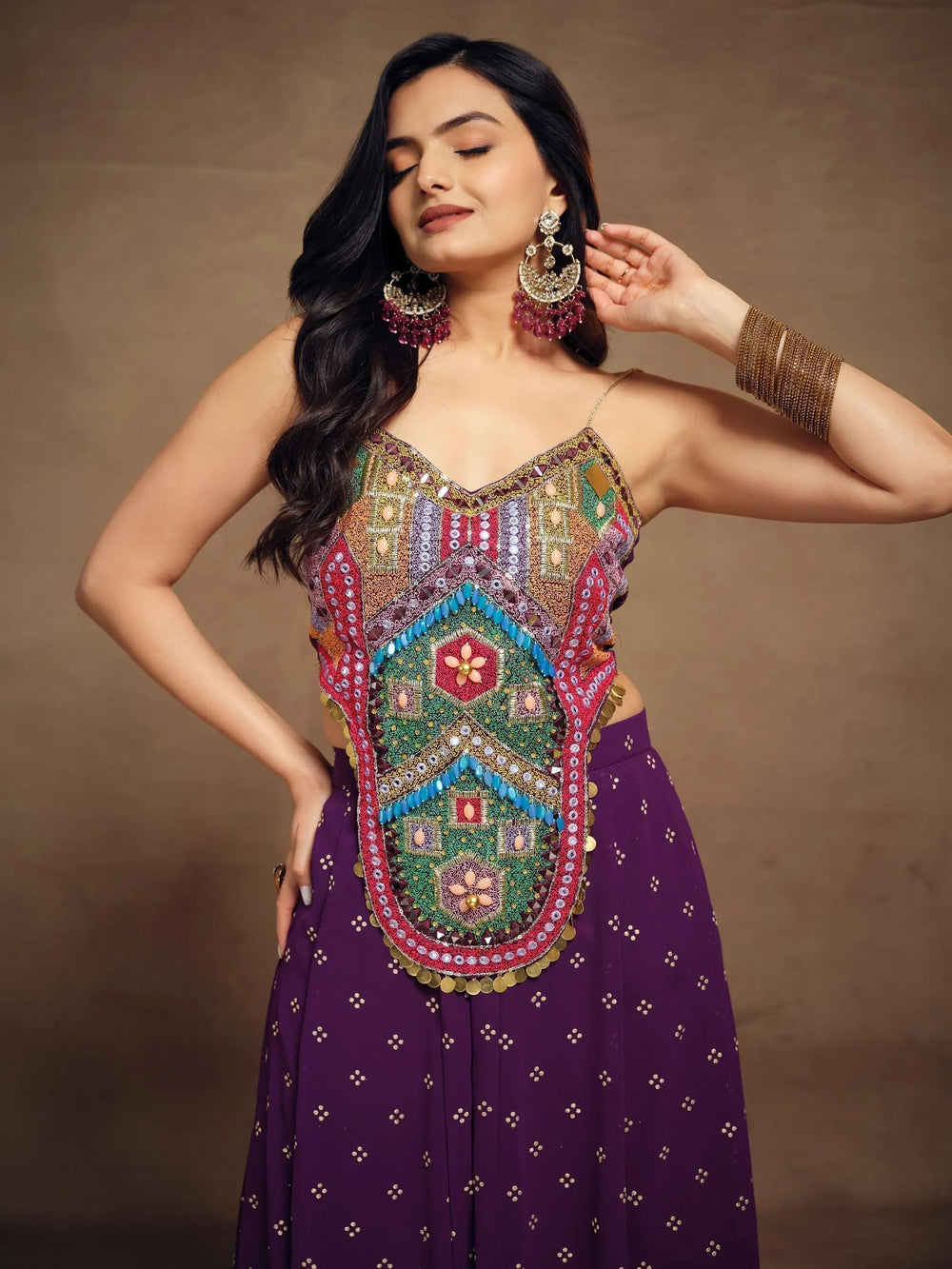 Purple Thread Work Georgette Designer Crop Top Palazzo